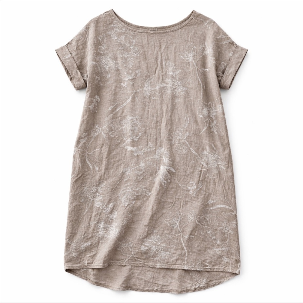 Viola Borghi Linen Shirt Dress Woman Medium Tan Floral Cuffed Sleeves Comfy